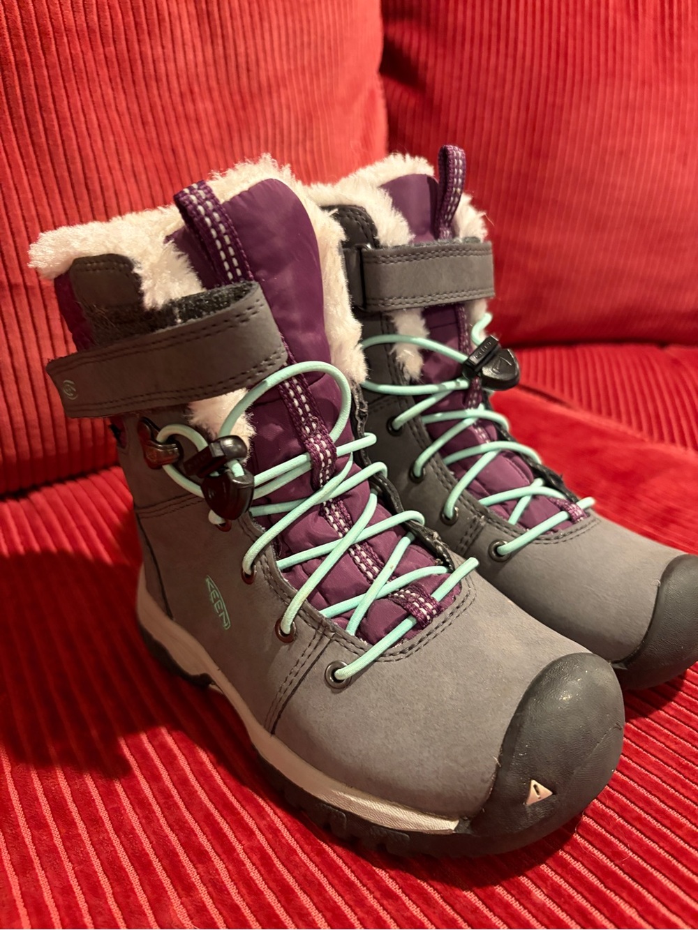 Keen Kids Gray and Purple Winter Boots with Mint Laces